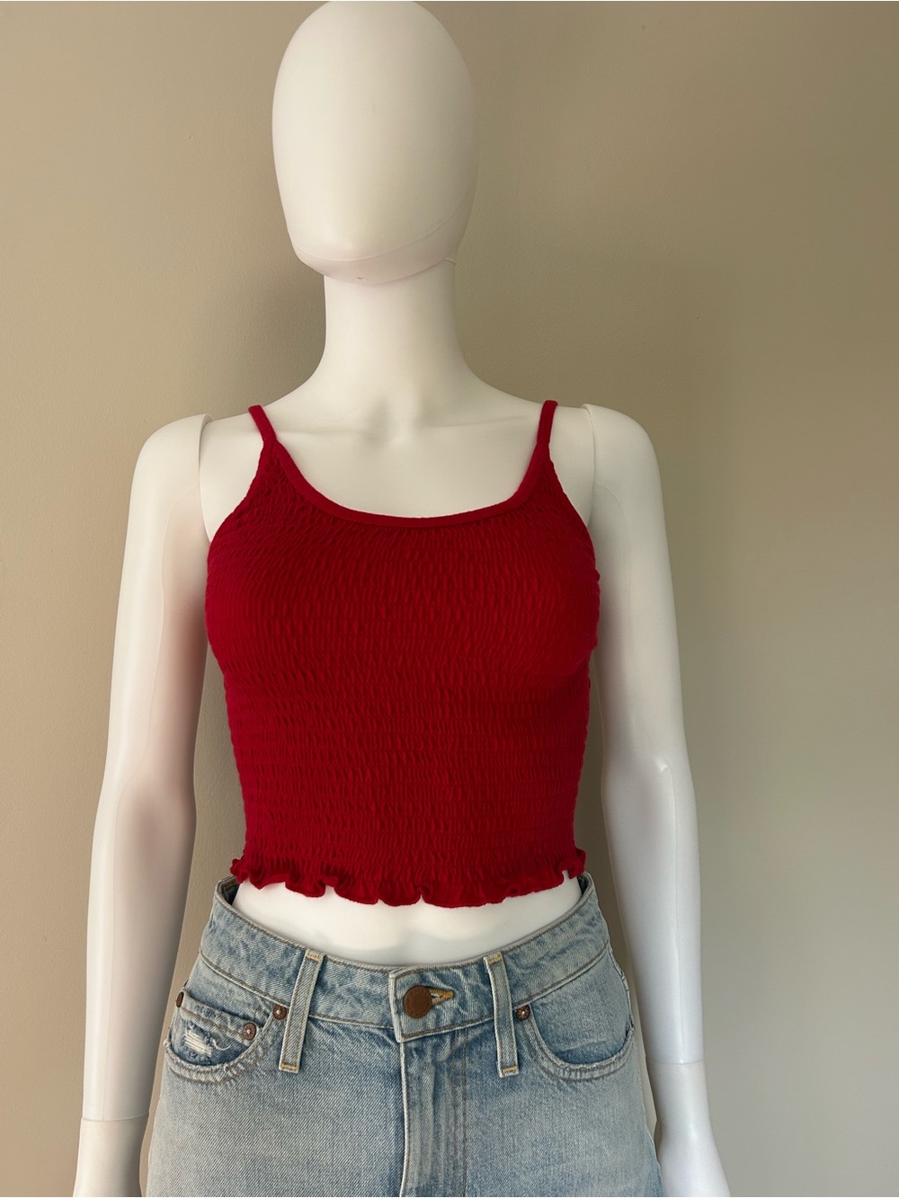 Hollister Red Smocked Crop Cami Top XS Stretch Ruffle Hem Summer Tank